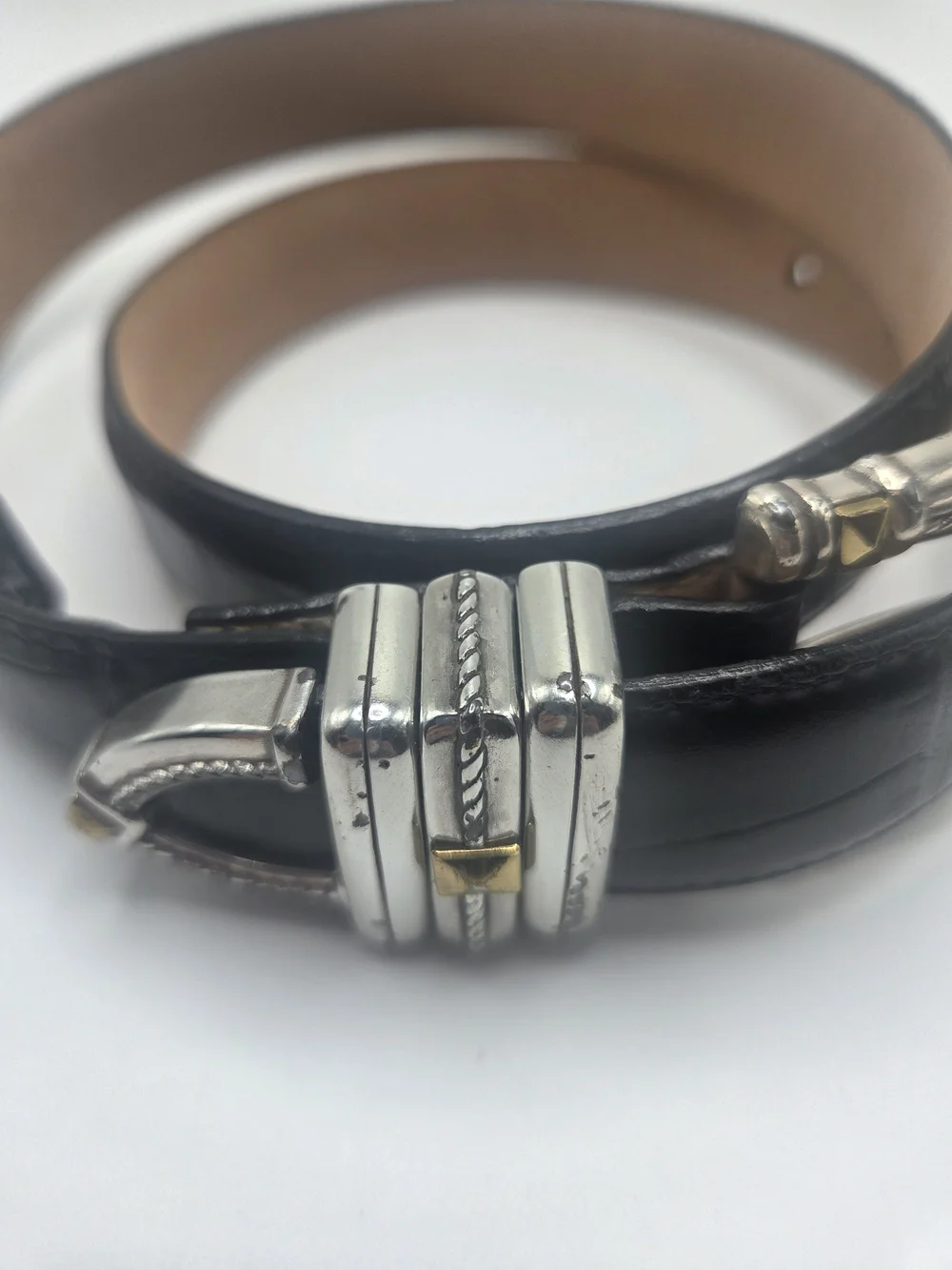 Brighton Black Leather Croc Belt with Silver/Gold Hardware Sz 32